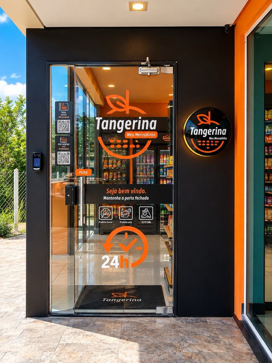 Entrada de uma unidade Tangerina com porta de vidro e operação 24 horas